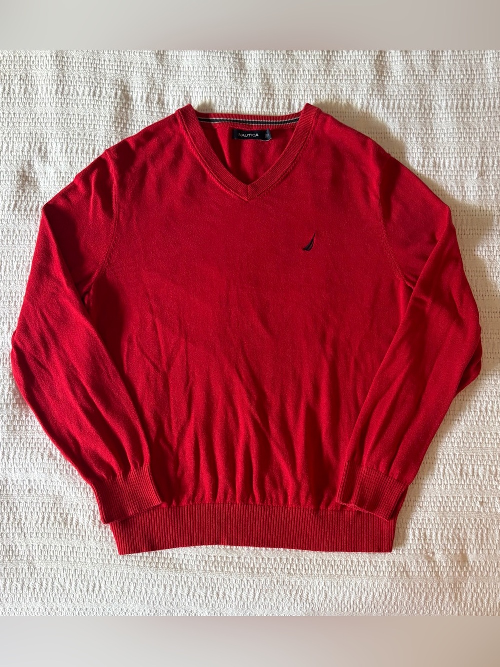 Nautica Men’s Bright Red V-Neck Sweater with Sail Logo
